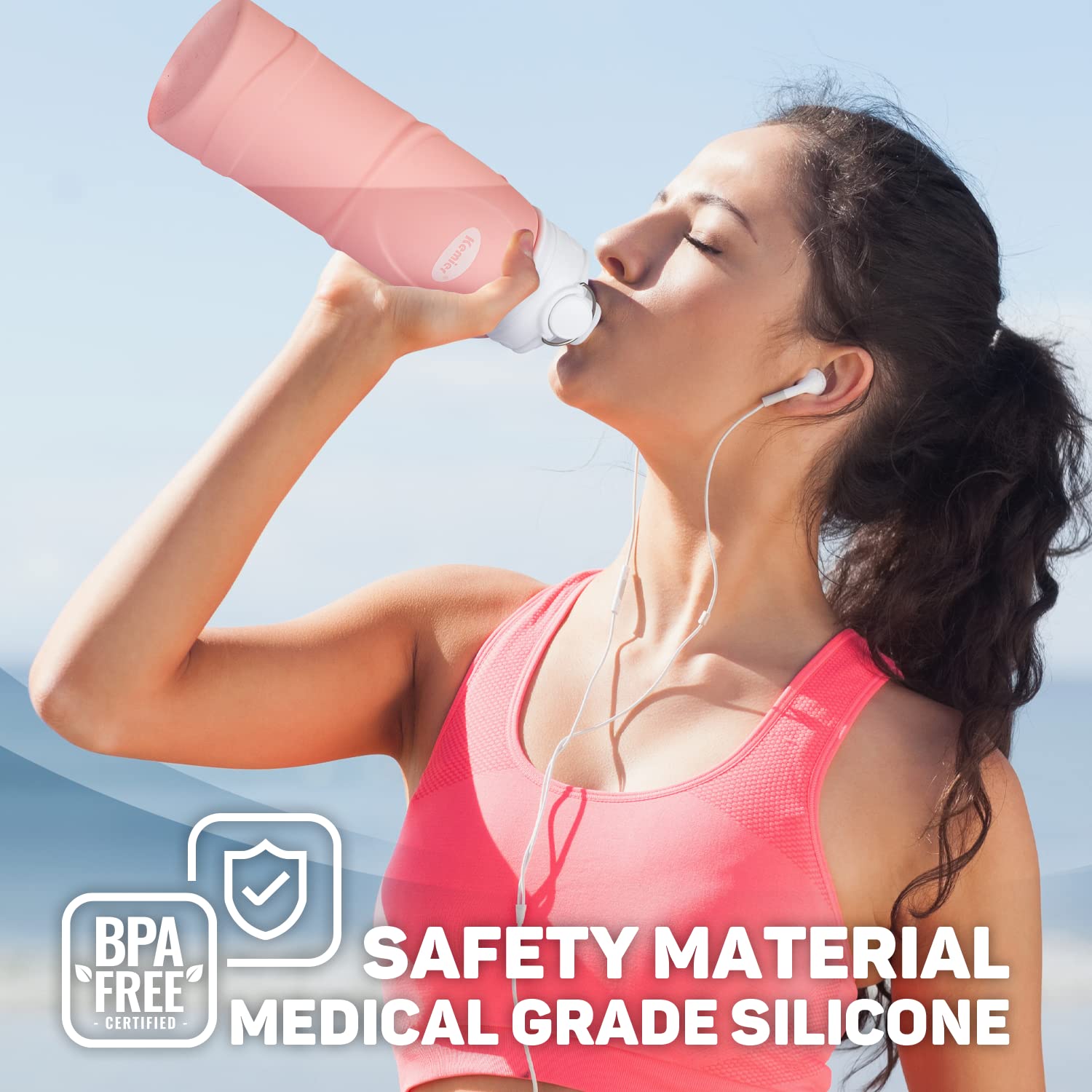 Kemier Collapsible Water Bottle - Reusable Bpa Free Silicone Travel Water Bottle For Hiking Camping Foldable Leak Proof Sports D